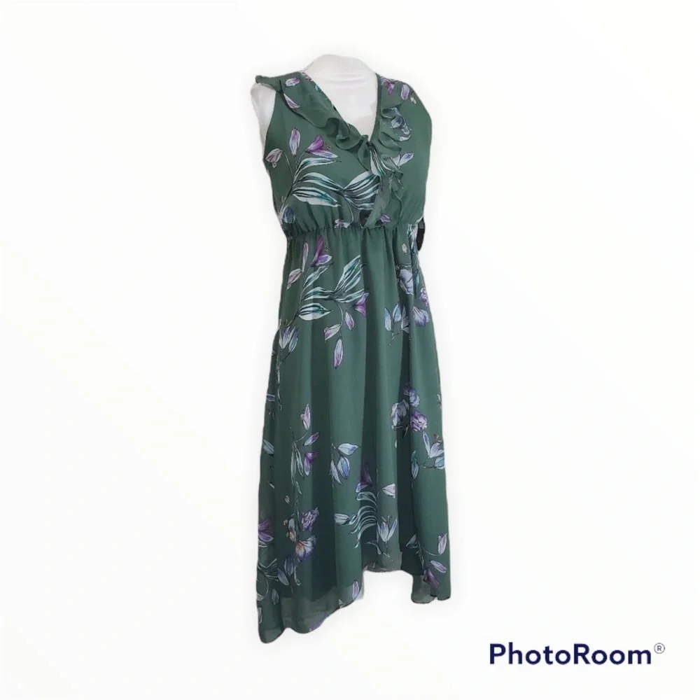 Rachel Roy Green Floral Ruffle Midi Dress XS Sleeveless High Low
